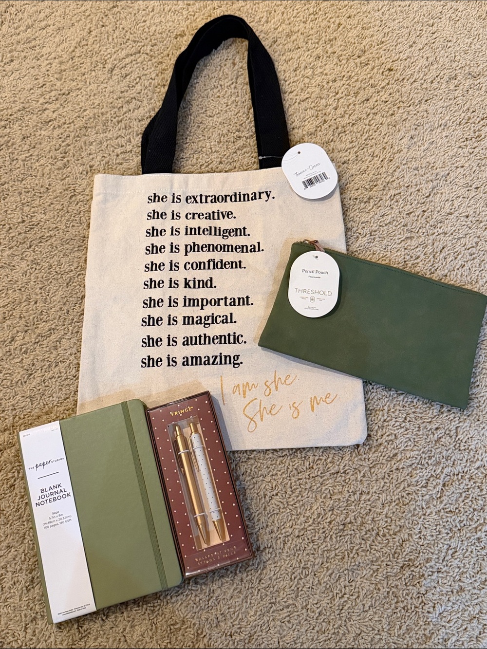 Inspiring tote, pencil pouch, blank journal notebook and pen set